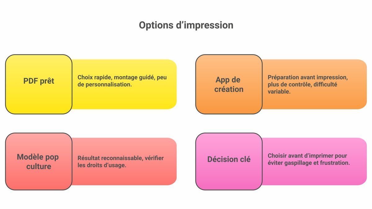 Comparaison entre PDF, application de papercraft et modèle inspiré de la culture pop